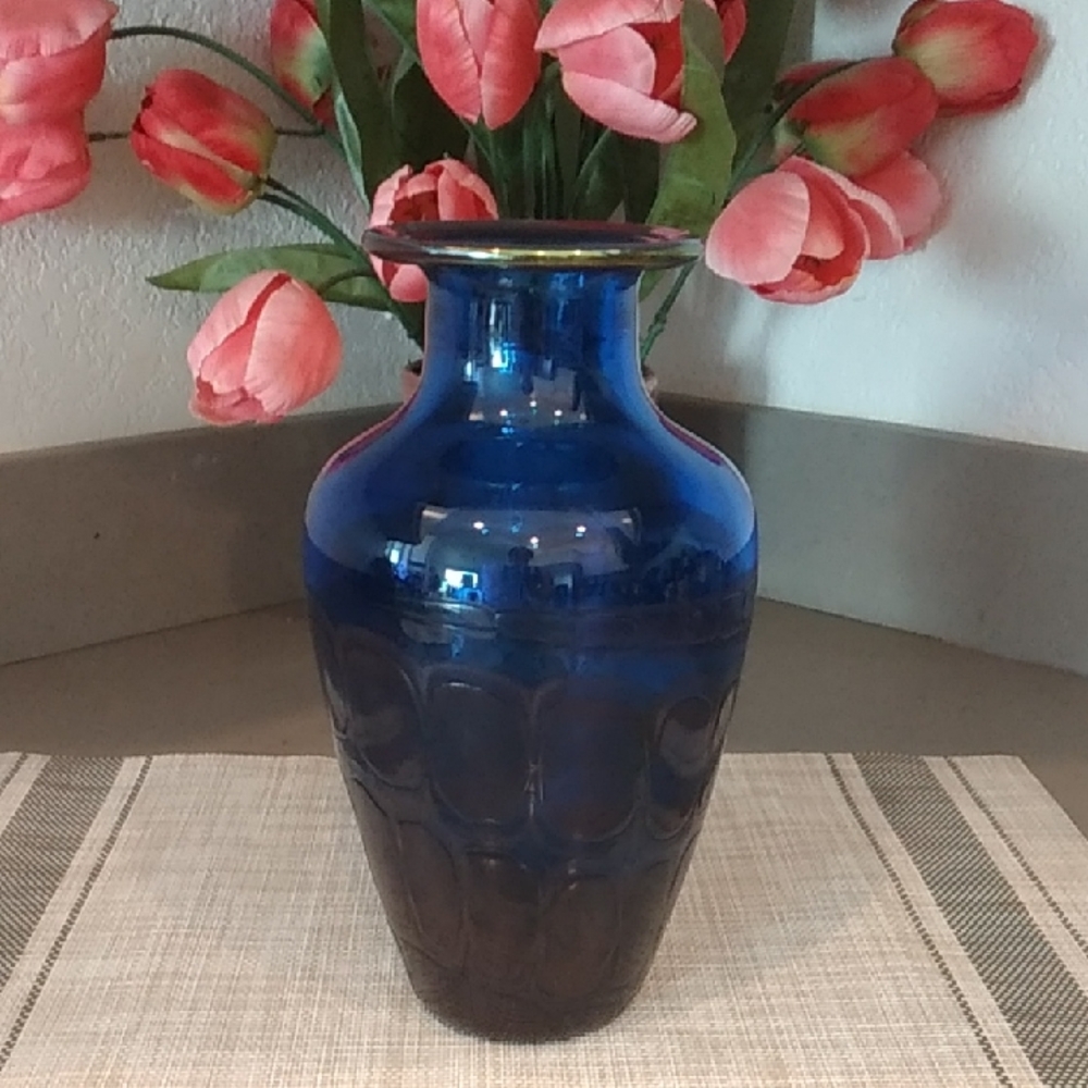 Vintage Murano Signed Flux '98 Series Deep Blue Handblown Glass Vase